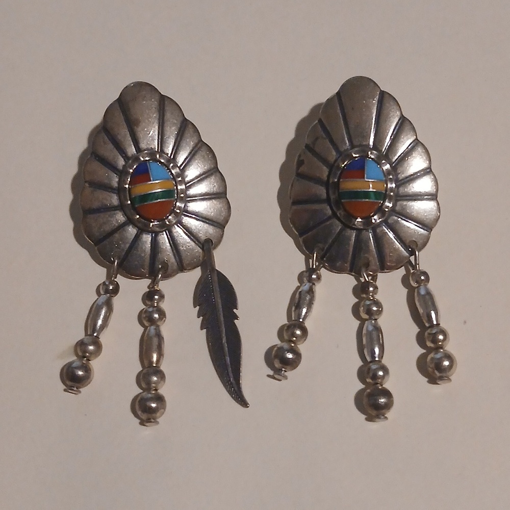 Native American Inlay Sterling Earrings Vintage Wheeler